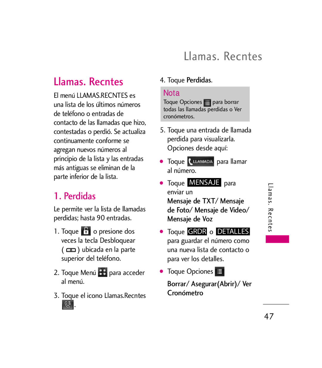 LG Electronics 9600 manual Llamas. Recntes, Perdidas 