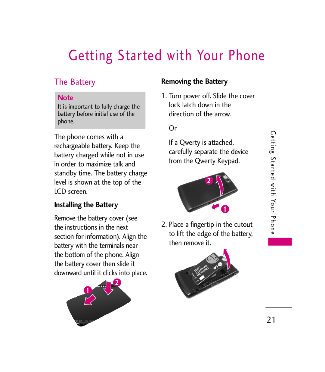 LG Electronics 9600 manual Getting Started with Your Phone, Installing the Battery, Removing the Battery 