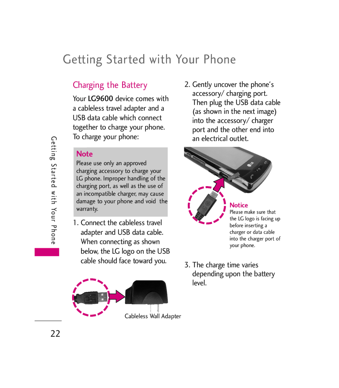 LG Electronics 9600 manual Getting Started with Your Phone, Charging the Battery 