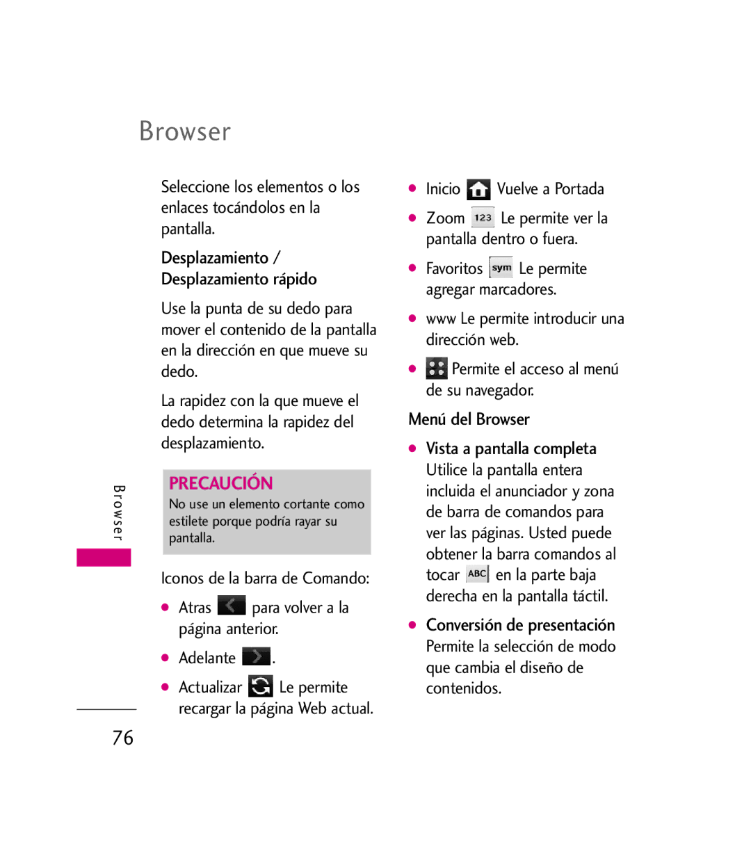 LG Electronics 9600 manual Desplazamiento Desplazamiento rápido, Menú del Browser 