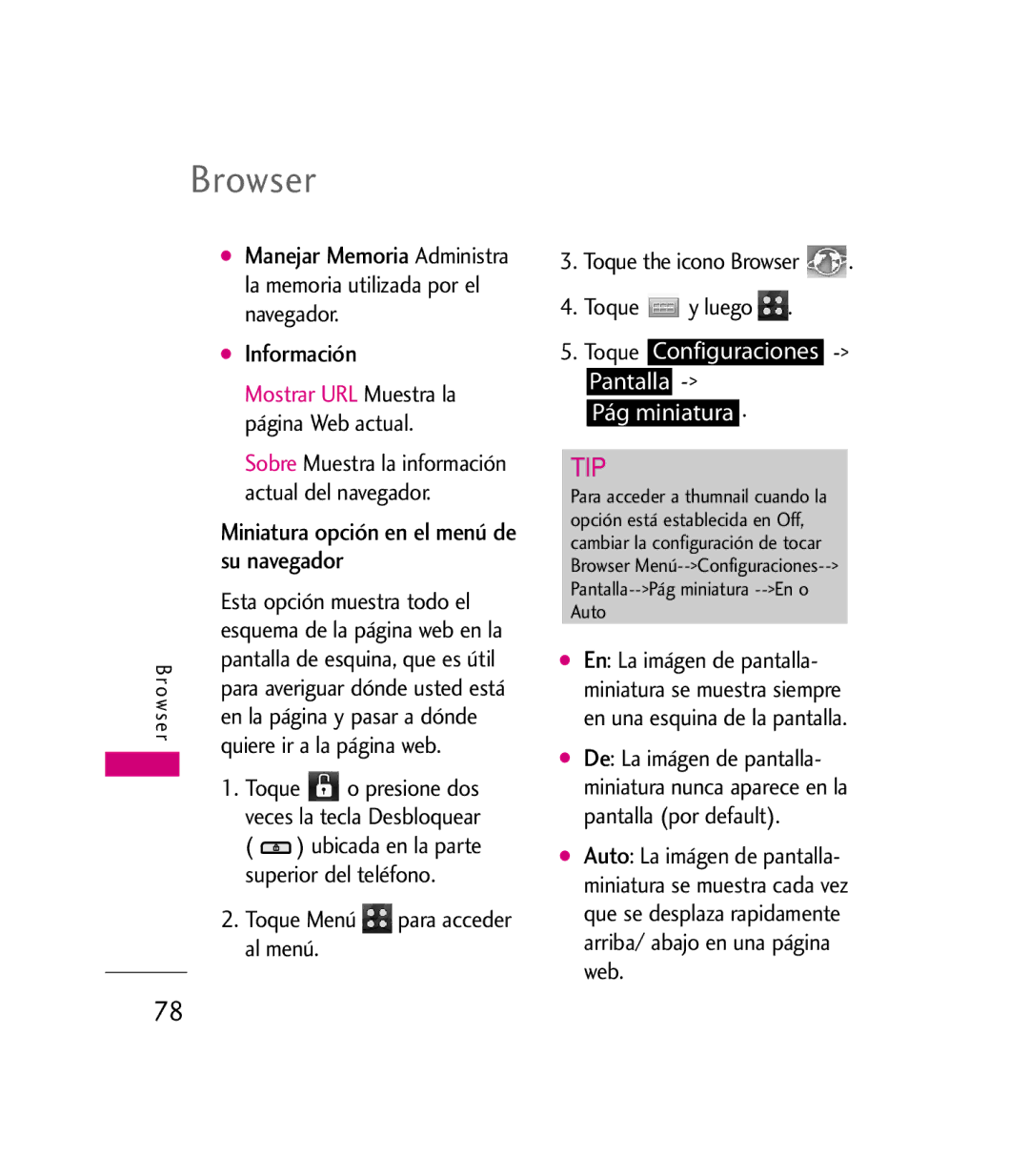 LG Electronics 9600 manual Información, Su navegador, Mostrar URL Muestra la 