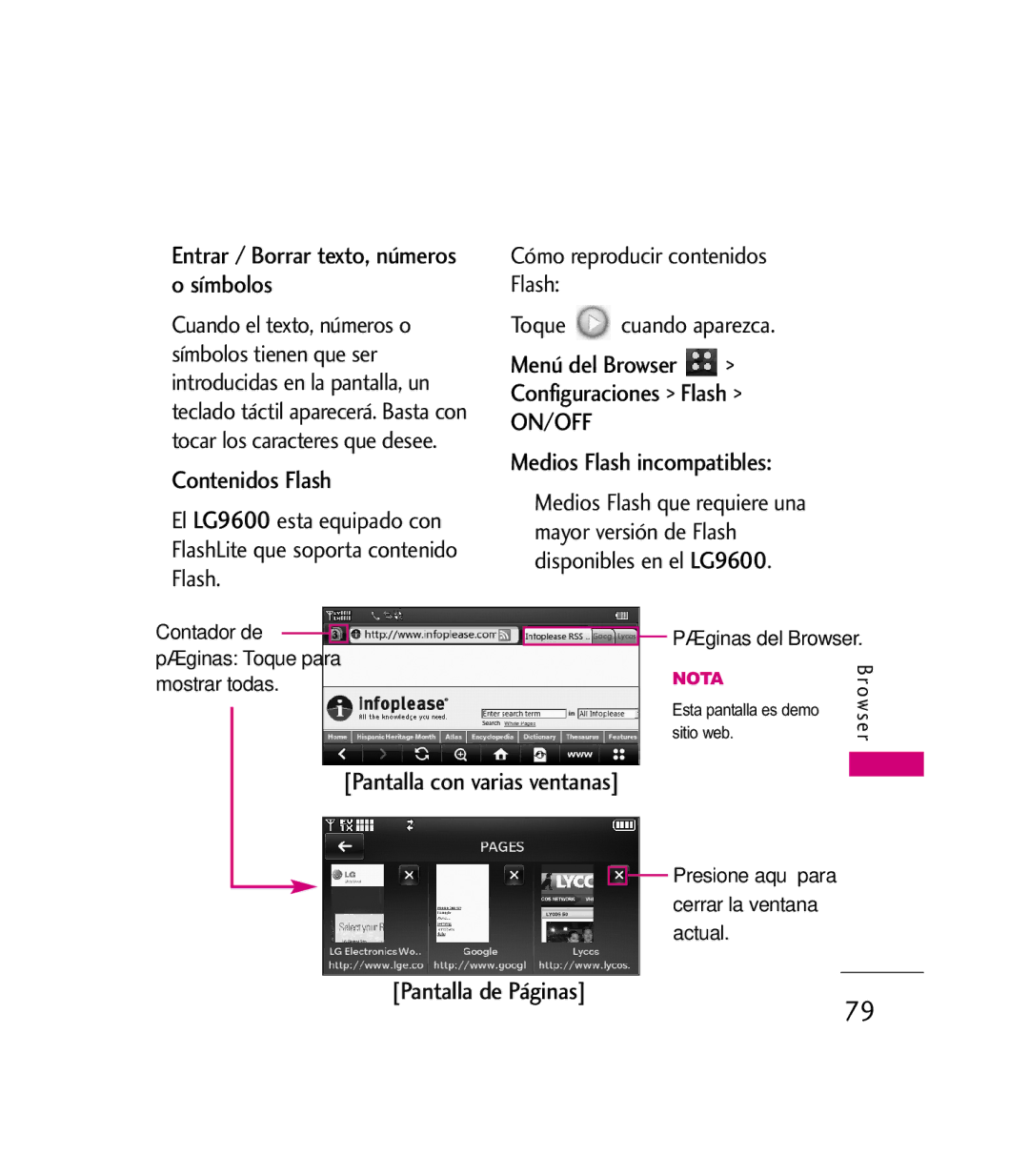 LG Electronics 9600 manual Entrar / Borrar texto, números o símbolos, Contenidos Flash, Medios Flash incompatibles 