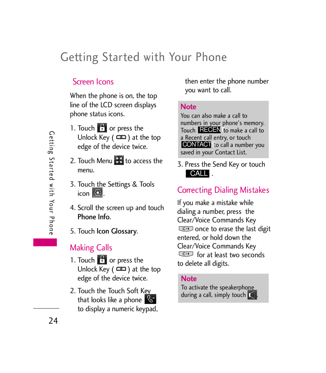 LG Electronics 9600 manual Screen Icons, Making Calls, Correcting Dialing Mistakes, Touch Icon Glossary 