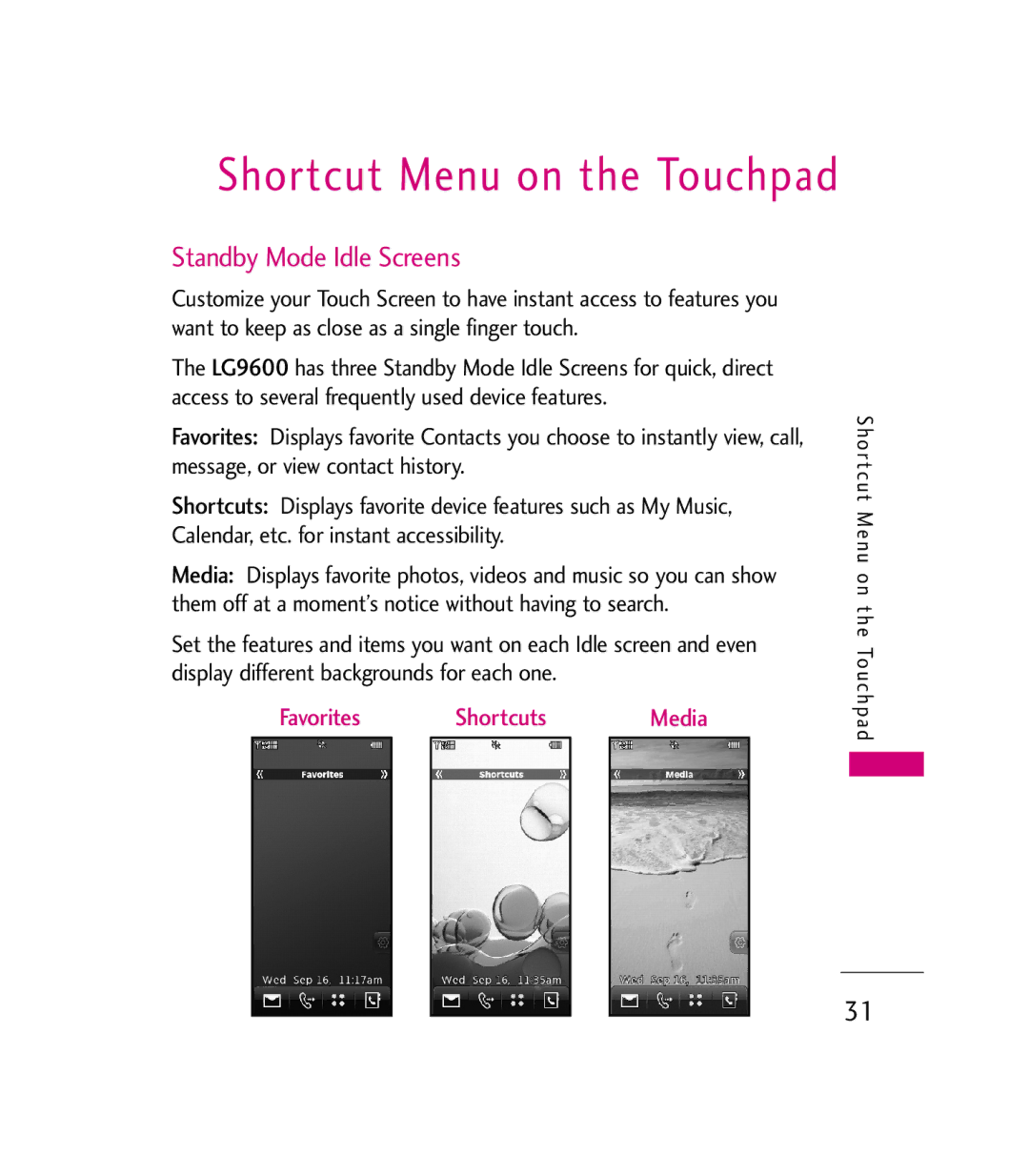 LG Electronics 9600 manual Shortcut Menu on the Touchpad, Standby Mode Idle Screens, Shor tcut Menu on the Touchpad 