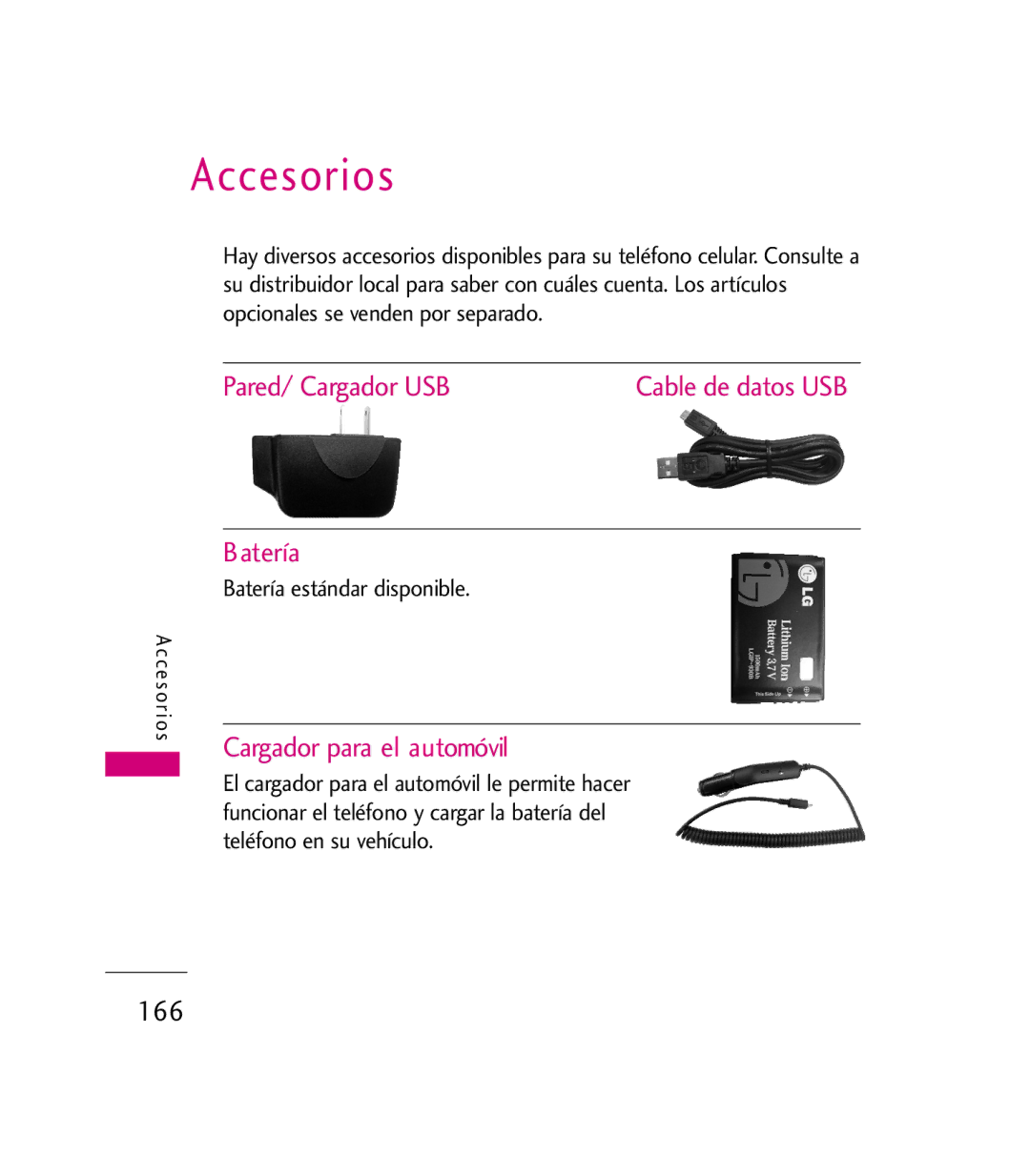 LG Electronics 9600 manual Accesorios, Pared/ Cargador USB, Batería, Cargador para el automóvil, 166 