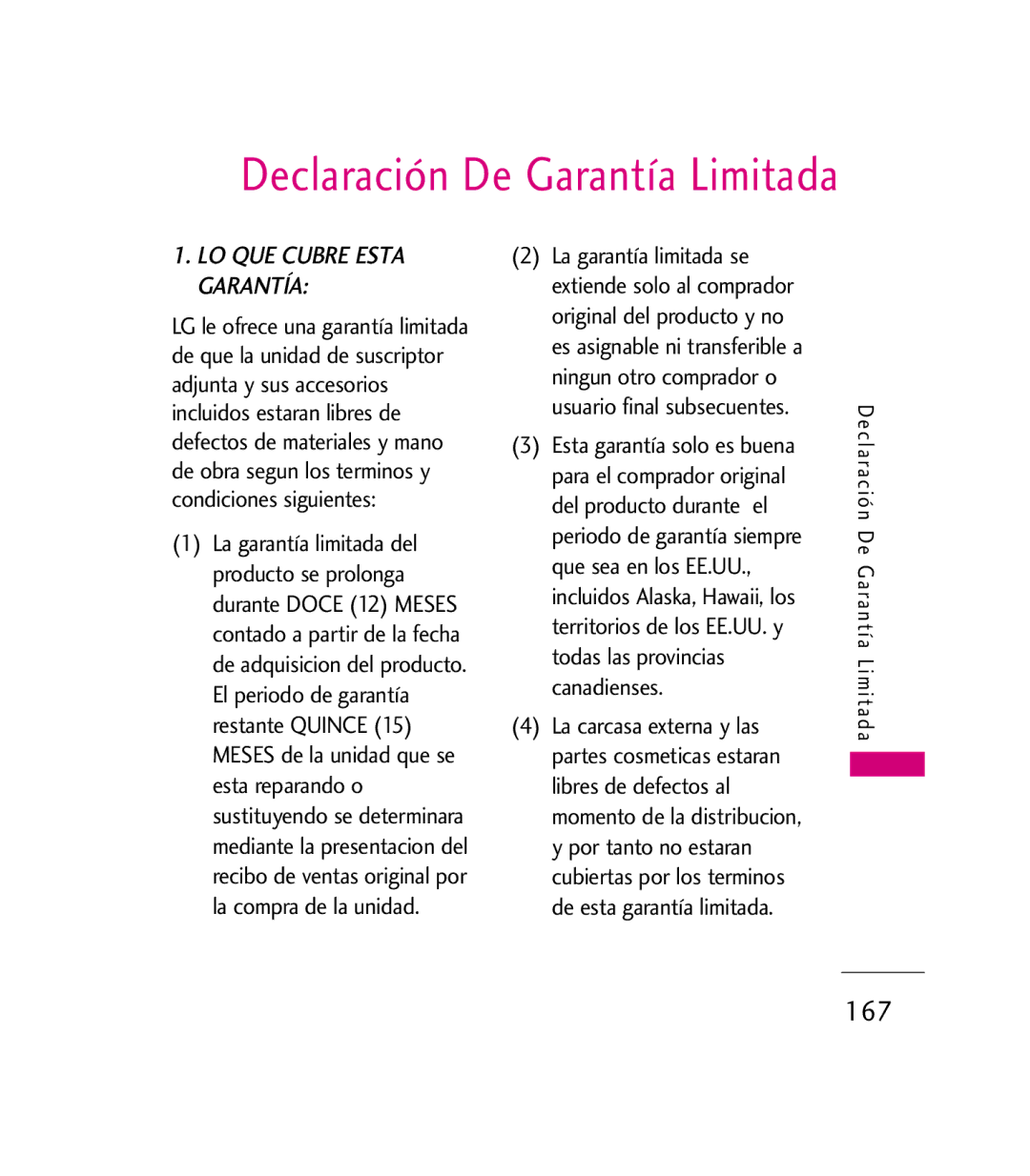 LG Electronics 9600 manual Declaración De Garantía Limitada, 167 