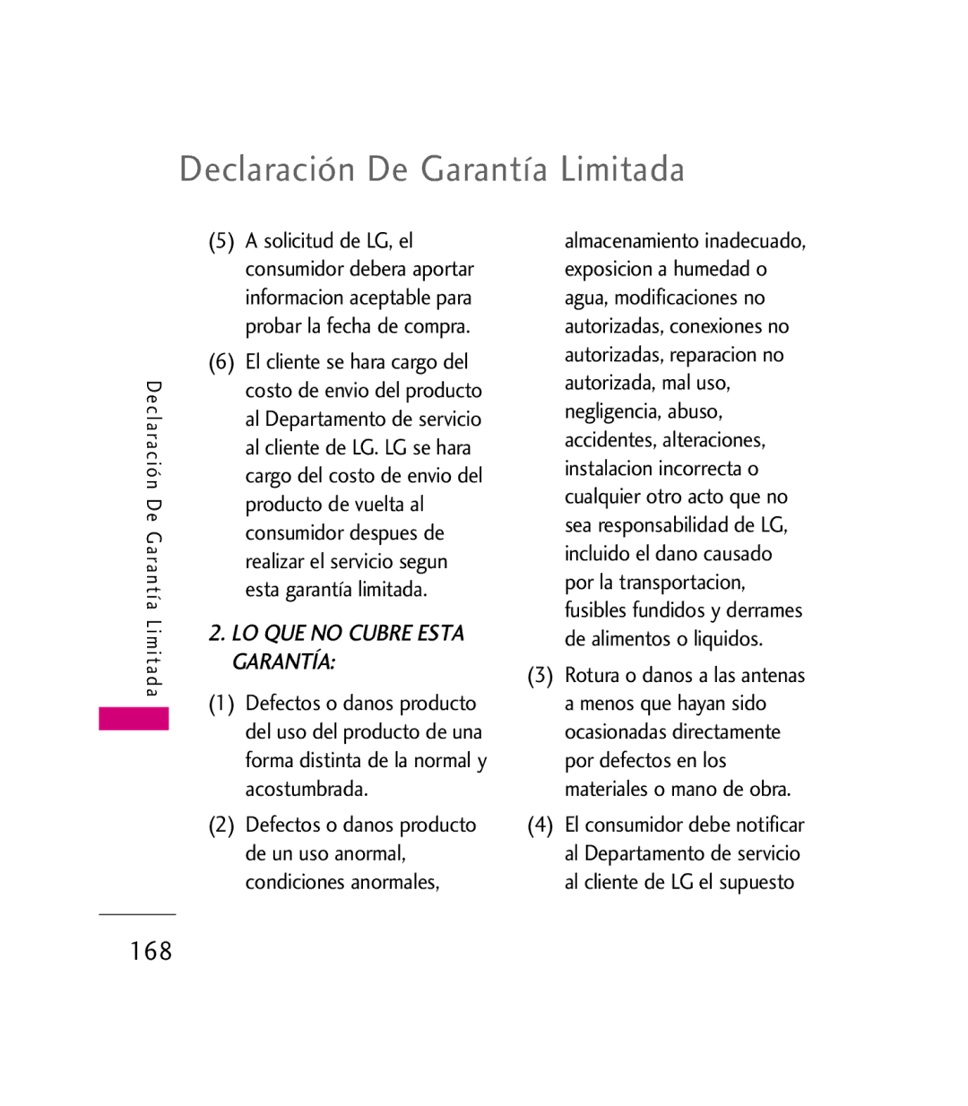 LG Electronics 9600 manual Declaración De Garantía Limitada, 168 