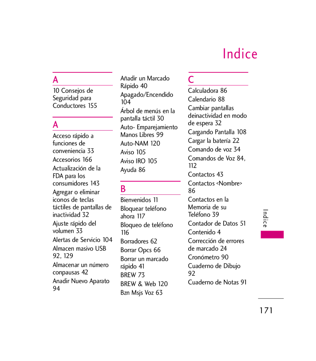 LG Electronics 9600 manual Indice, 171 