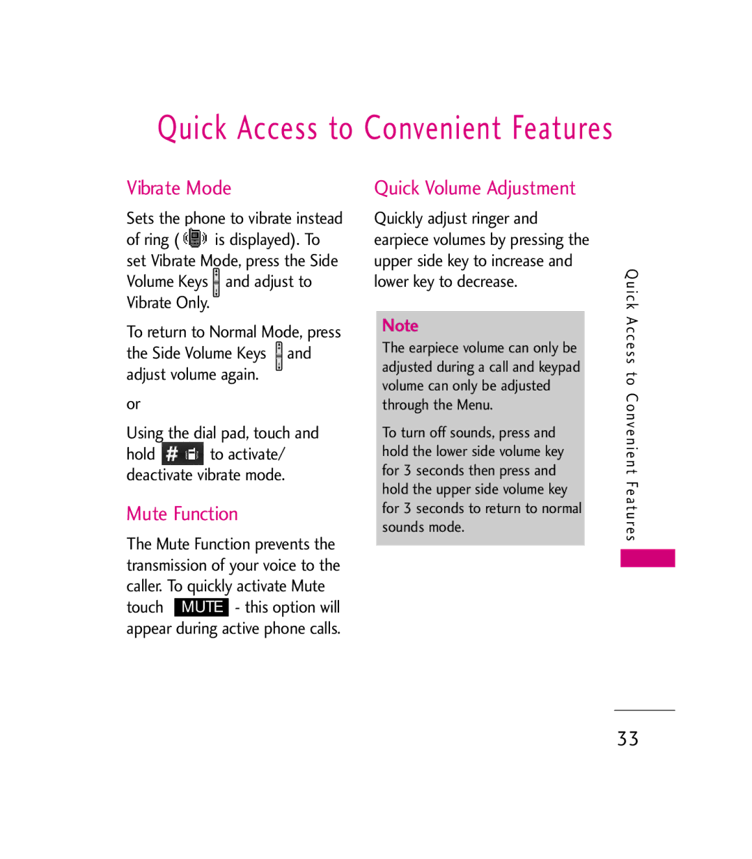 LG Electronics 9600 manual Vibrate Mode, Mute Function, Quick Volume Adjustment, Hold to activate/ deactivate vibrate mode 