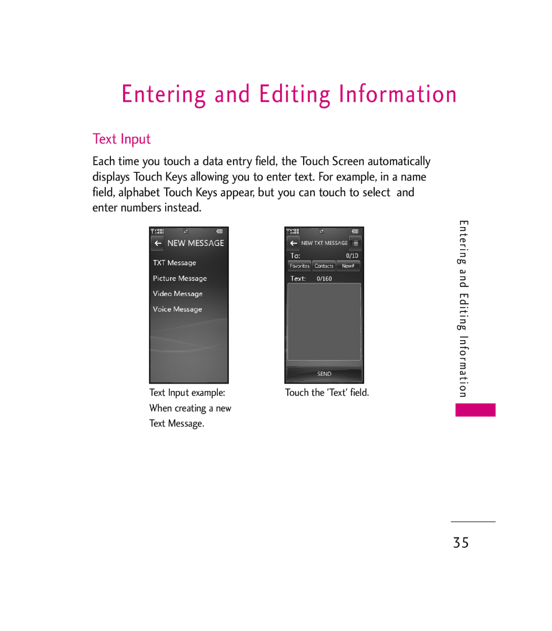 LG Electronics 9600 manual Entering and Editing Information, Text Input example 