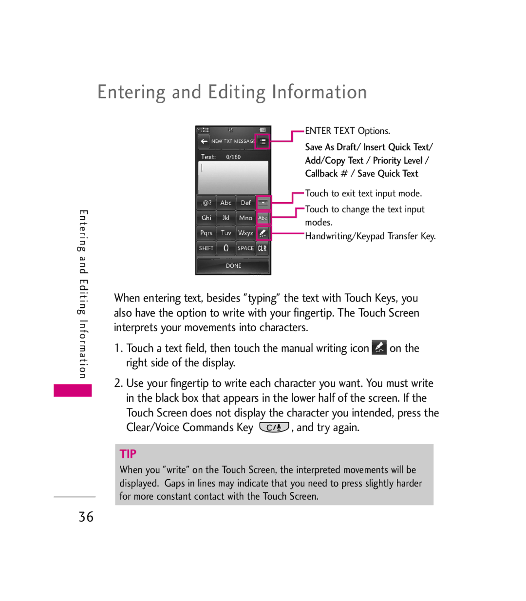 LG Electronics 9600 manual Entering and Editing Information, Clear/Voice Commands Key , and try again 