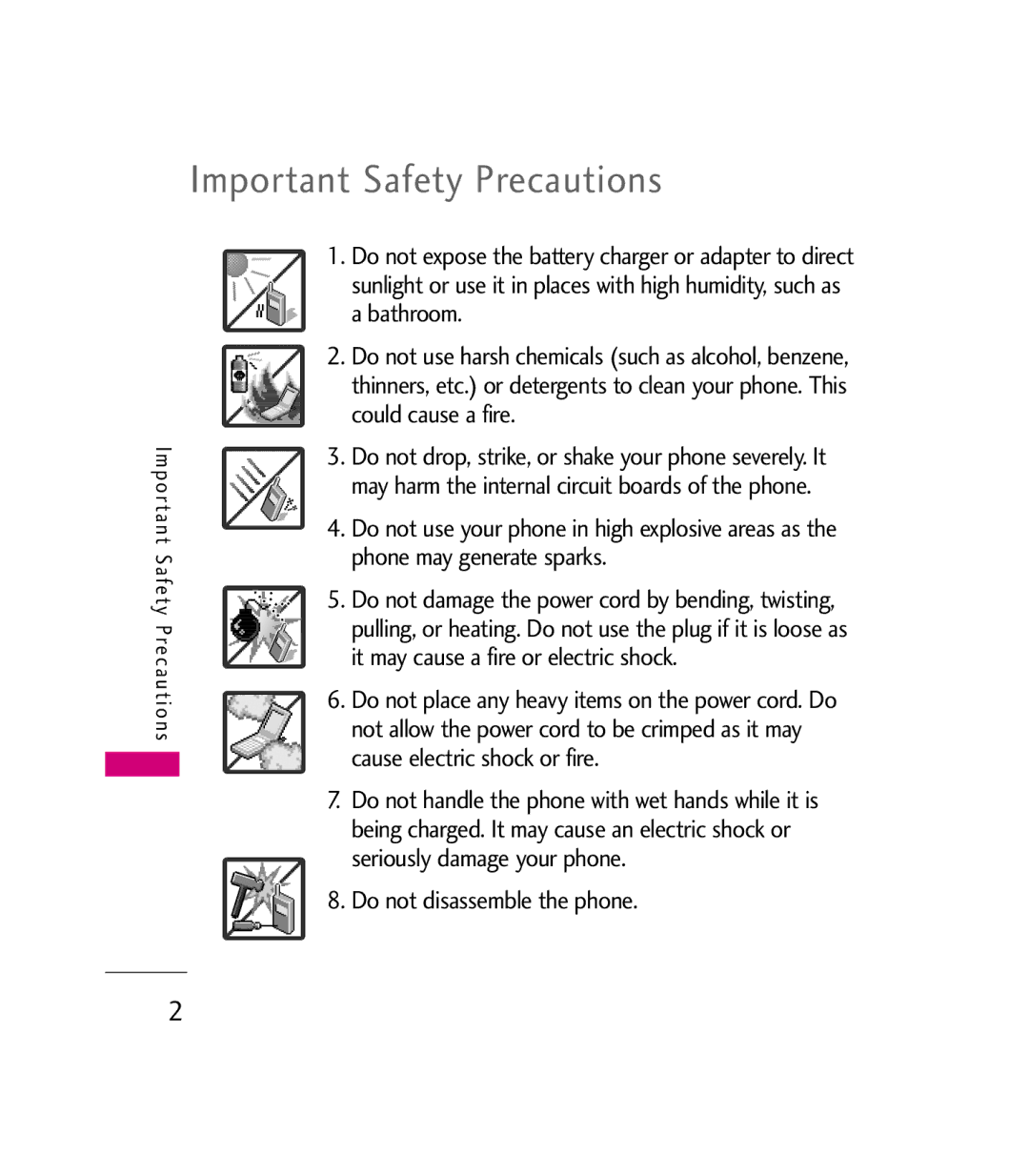 LG Electronics 9600 manual Important Safety Precautions, Do not disassemble the phone 