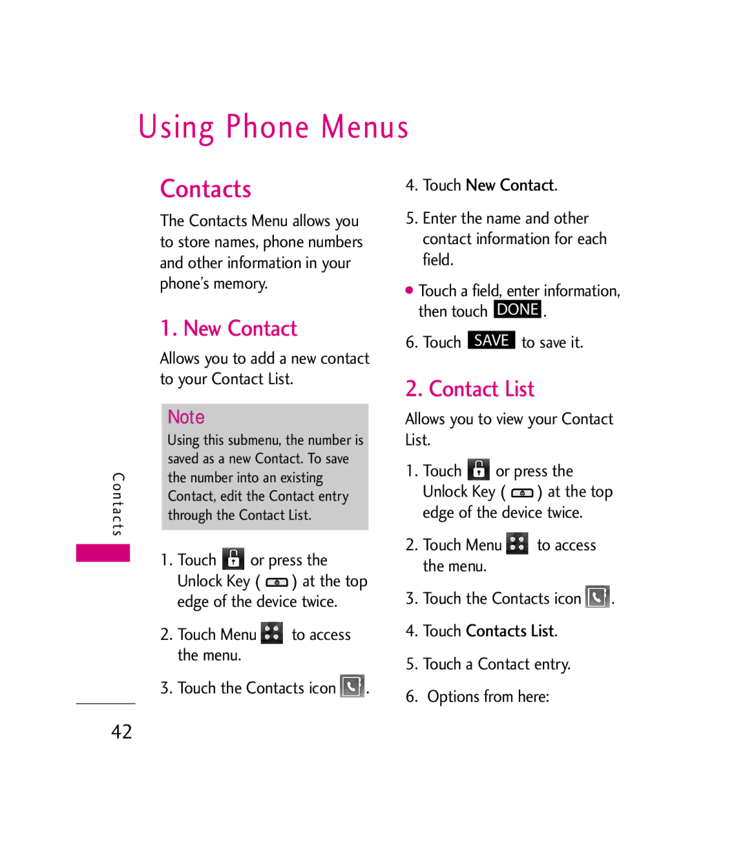 LG Electronics 9600 manual Using Phone Menus, Contact List, Touch New Contact, Touch Contacts List 