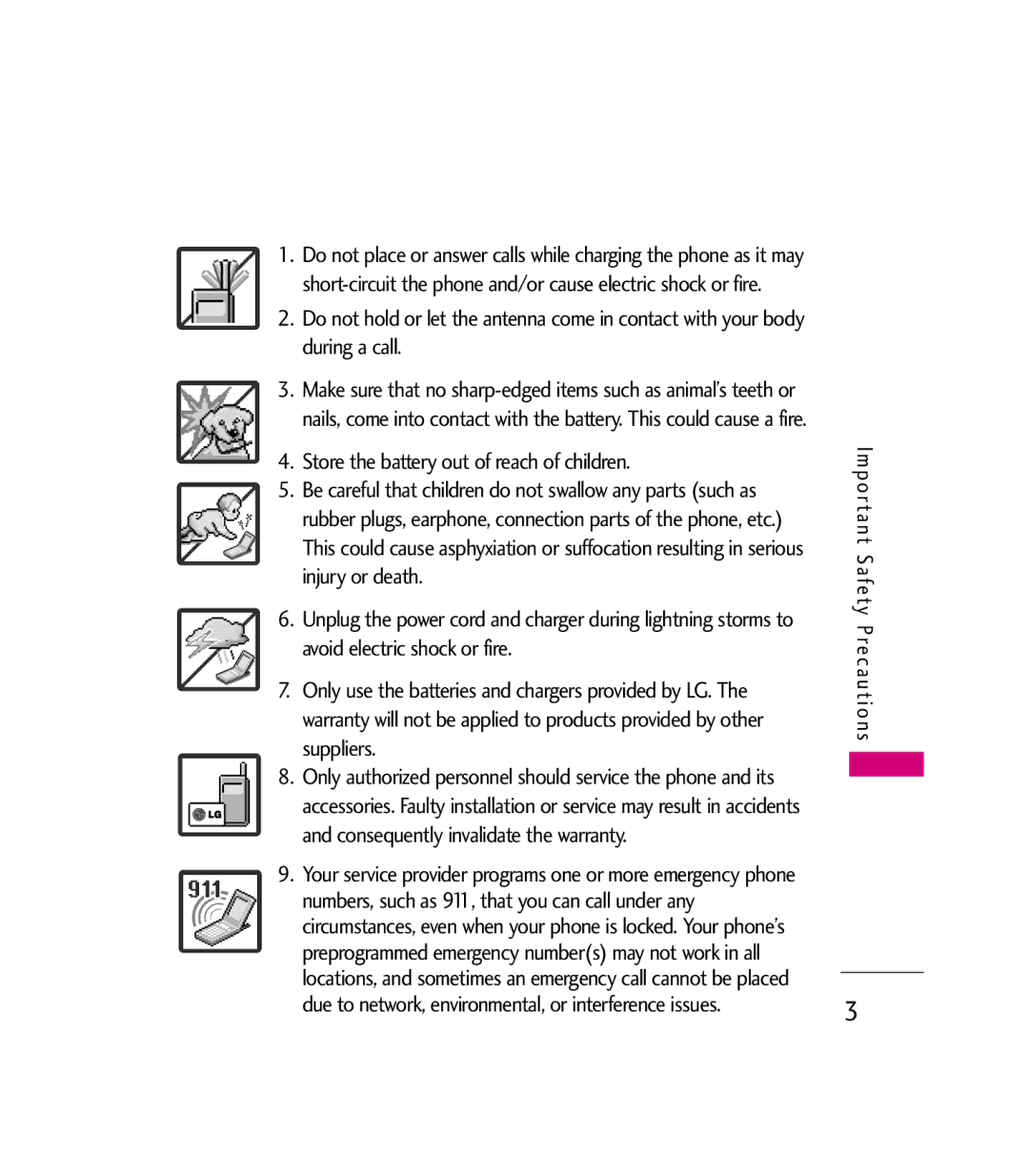 LG Electronics 9600 manual Store the battery out of reach of children 