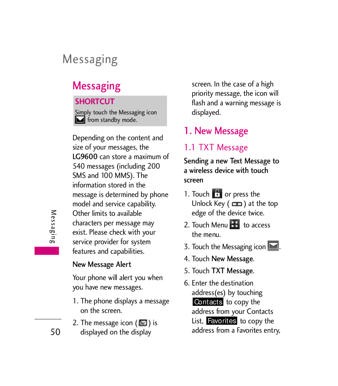 LG Electronics 9600 manual Messaging, New Message Alert, Touch New Message Touch TXT Message 