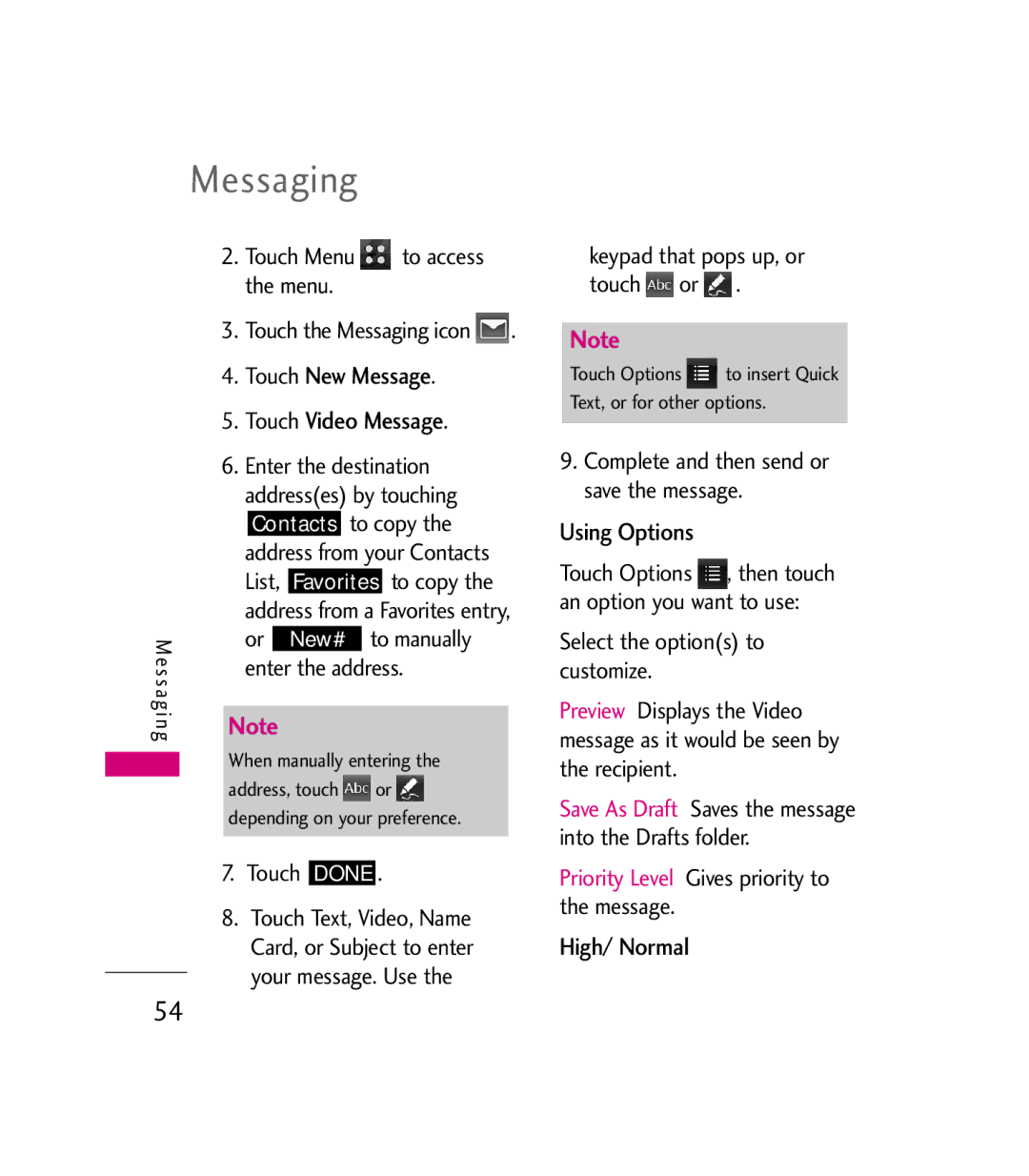 LG Electronics 9600 manual Touch New Message Touch Video Message, Priority Level Gives priority to the message 