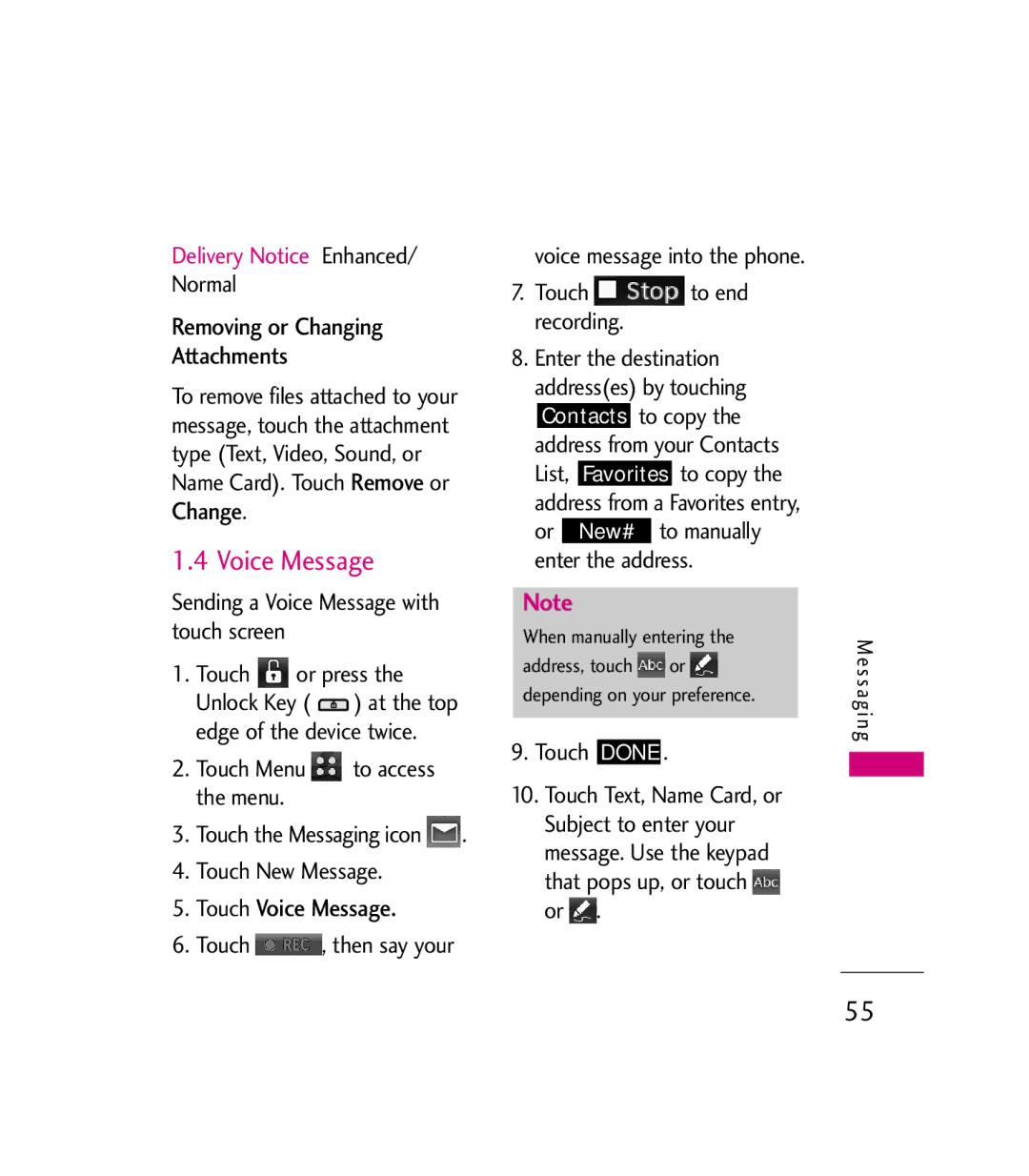 LG Electronics 9600 manual Removing or Changing Attachments, Change, Touch Voice Message 