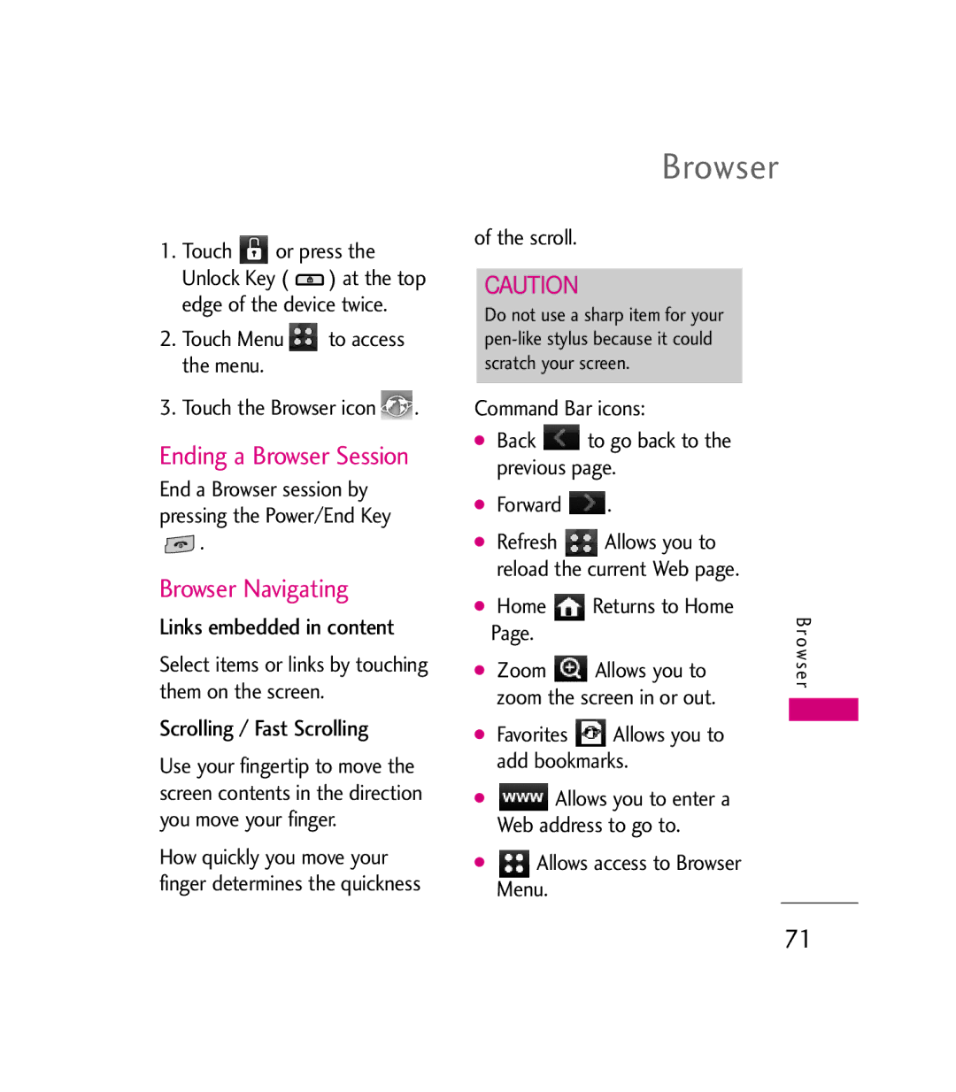 LG Electronics 9600 manual Ending a Browser Session, Browser Navigating, Links embedded in content 