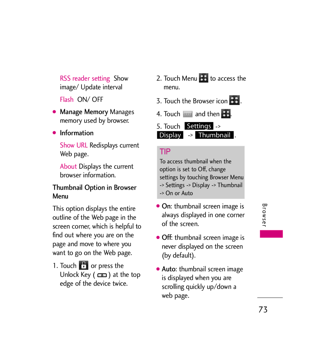 LG Electronics 9600 manual Information, Thumbnail Option in Browser Menu, Flash ON/ OFF, Show URL Redisplays current Web 