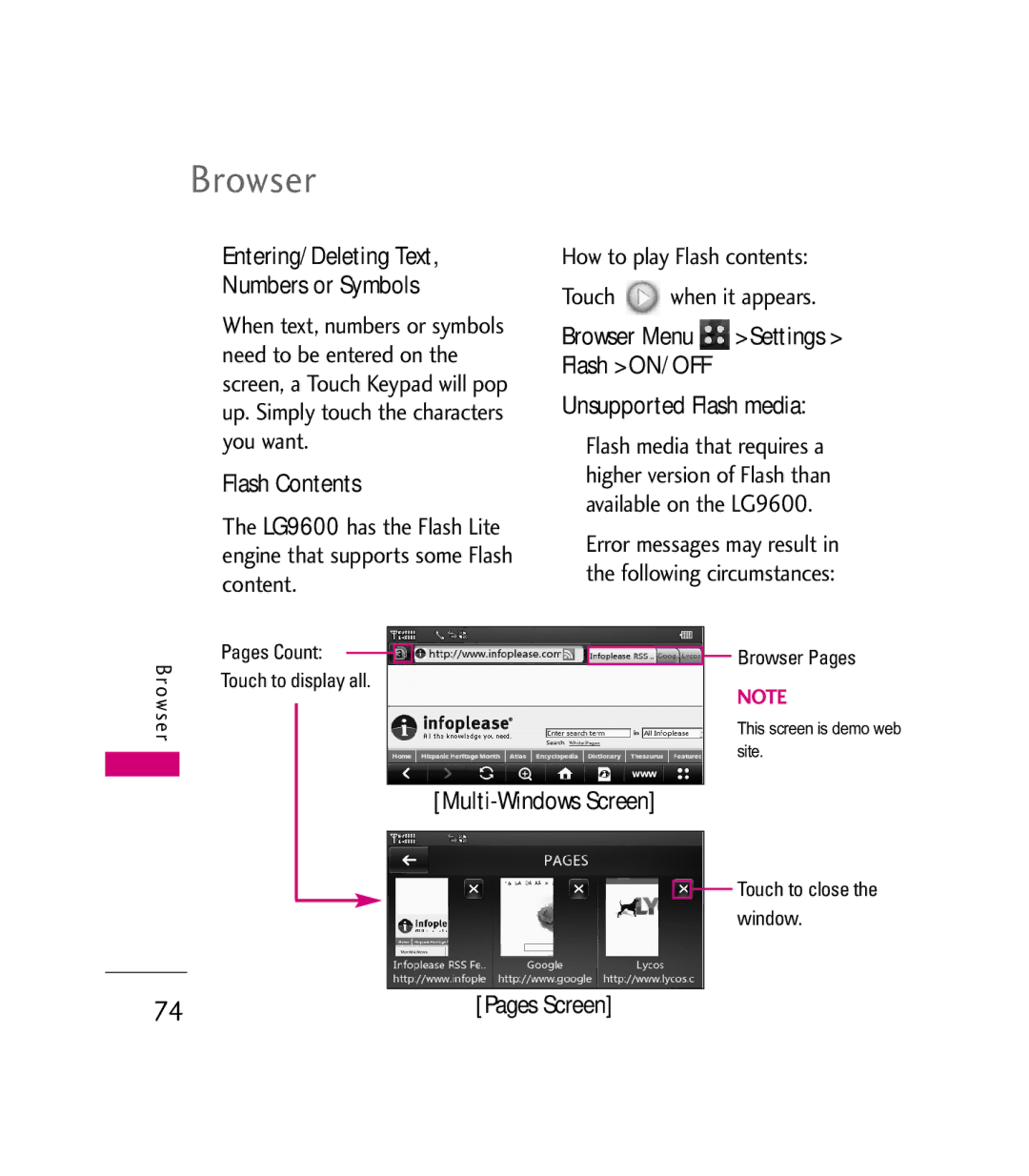 LG Electronics 9600 manual Entering/Deleting Text Numbers or Symbols, Flash Contents, Unsupported Flash media 