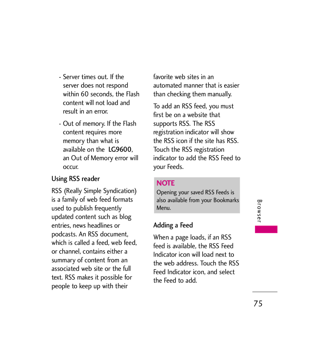 LG Electronics 9600 manual Using RSS reader, Adding a Feed 
