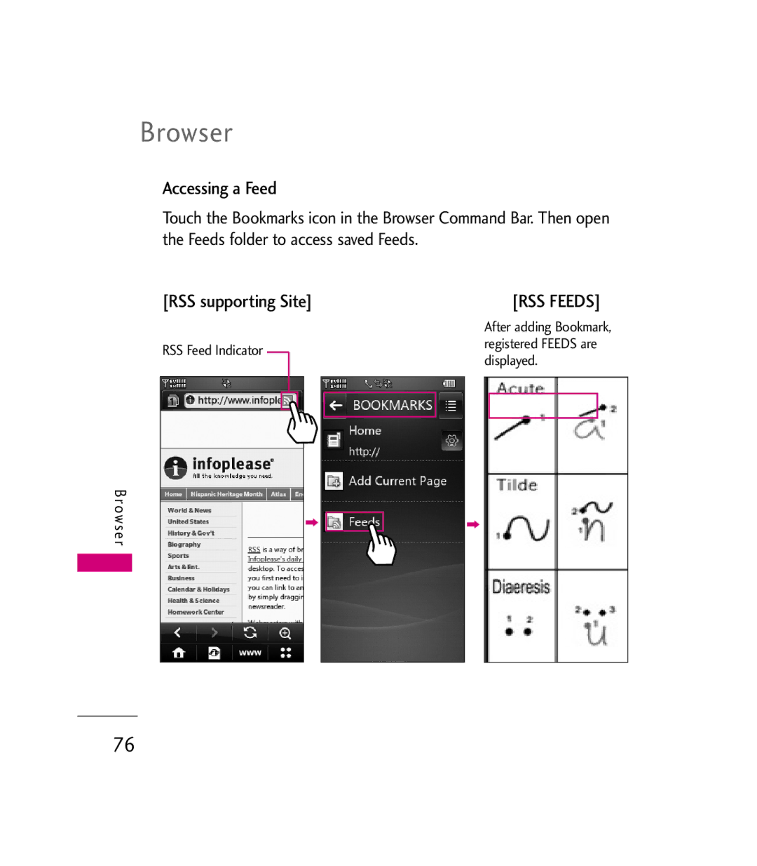 LG Electronics 9600 manual Accessing a Feed, RSS supporting Site, RSS Feed Indicator 