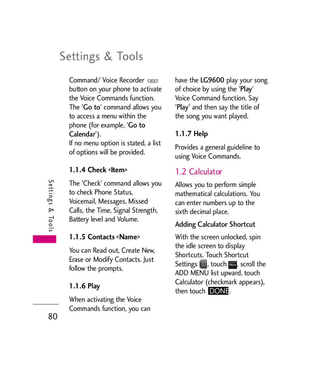 LG Electronics 9600 manual Calculator, Check Item, Contacts Name, Play, Help 