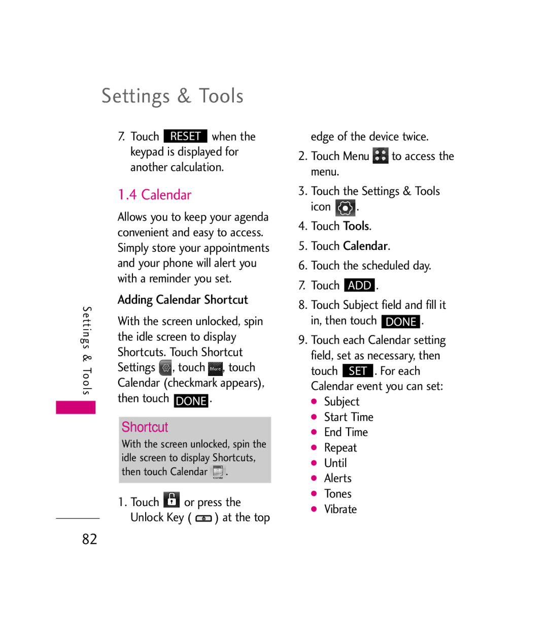 LG Electronics 9600 manual Adding Calendar Shortcut, Touch Calendar 