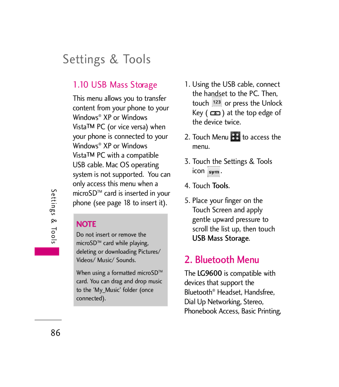 LG Electronics 9600 manual Bluetooth Menu, USB Mass Storage, Using the USB cable, connect 