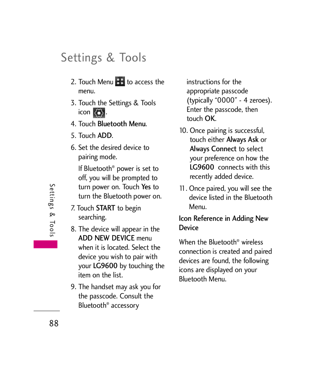 LG Electronics 9600 manual Touch Bluetooth Menu, Icon Reference in Adding New Device 