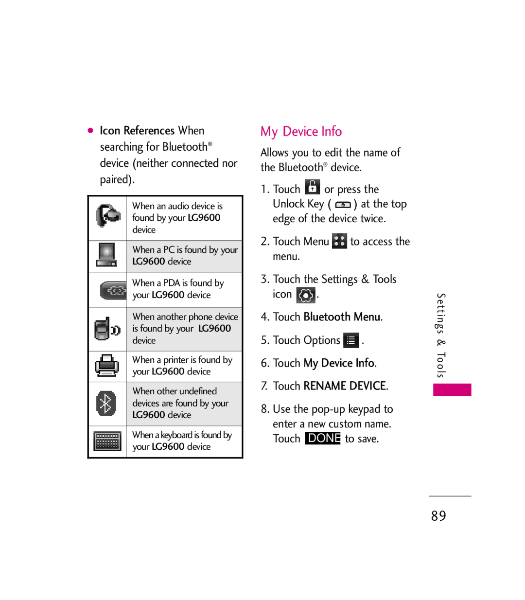 LG Electronics manual Touch My Device Info Touch Rename Device, When an audio device is found by your LG9600 device 