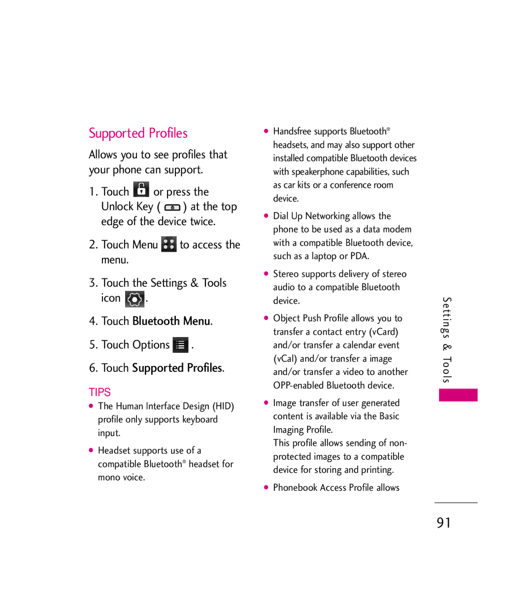 LG Electronics 9600 manual Touch Supported Profiles, Phonebook Access Profile allows Settings & Tools 