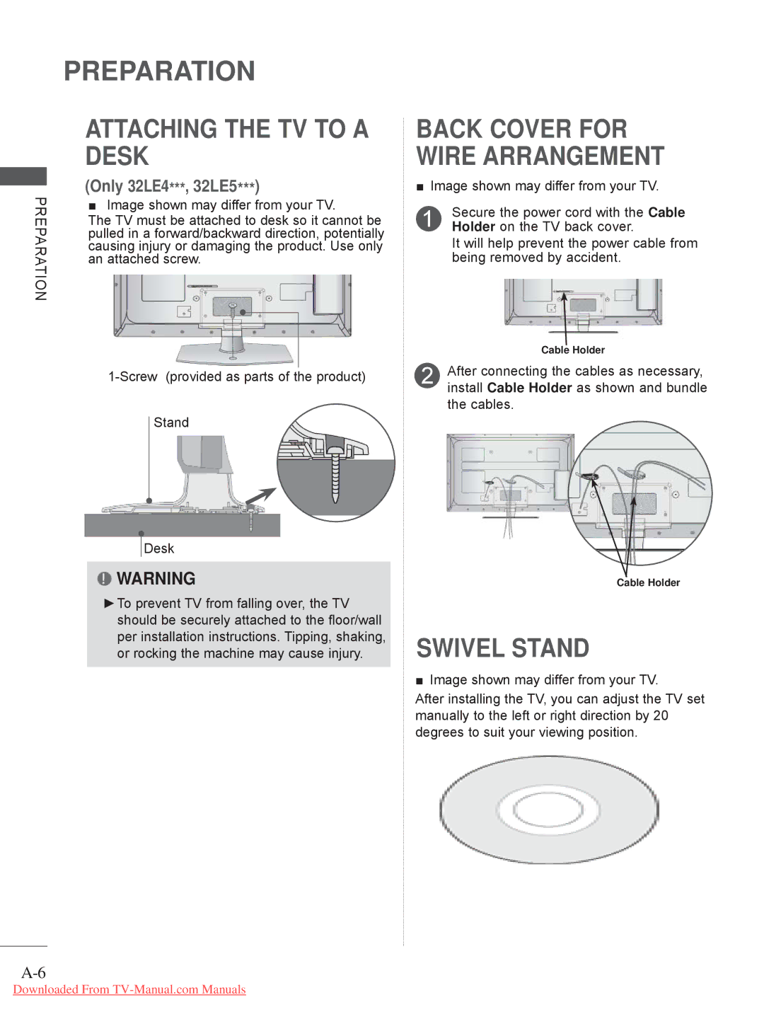 LG Electronics A-27 owner manual Attaching the TV to a Desk, Swivel Stand 