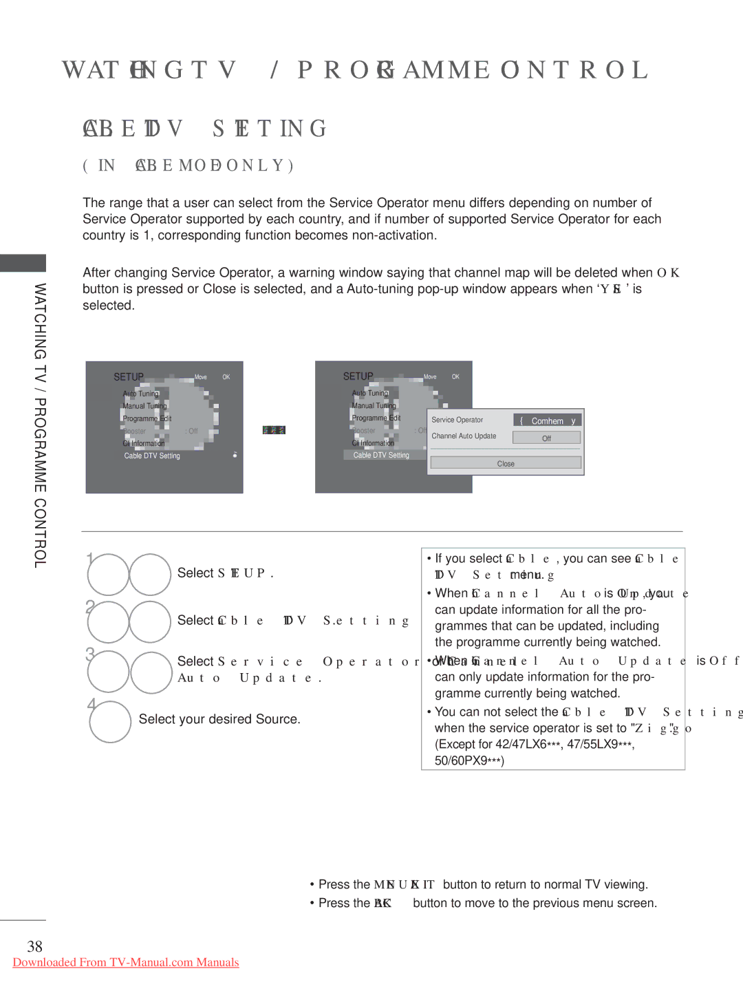 LG Electronics A-27 owner manual Cable DTV Setting, Cable Mode only 