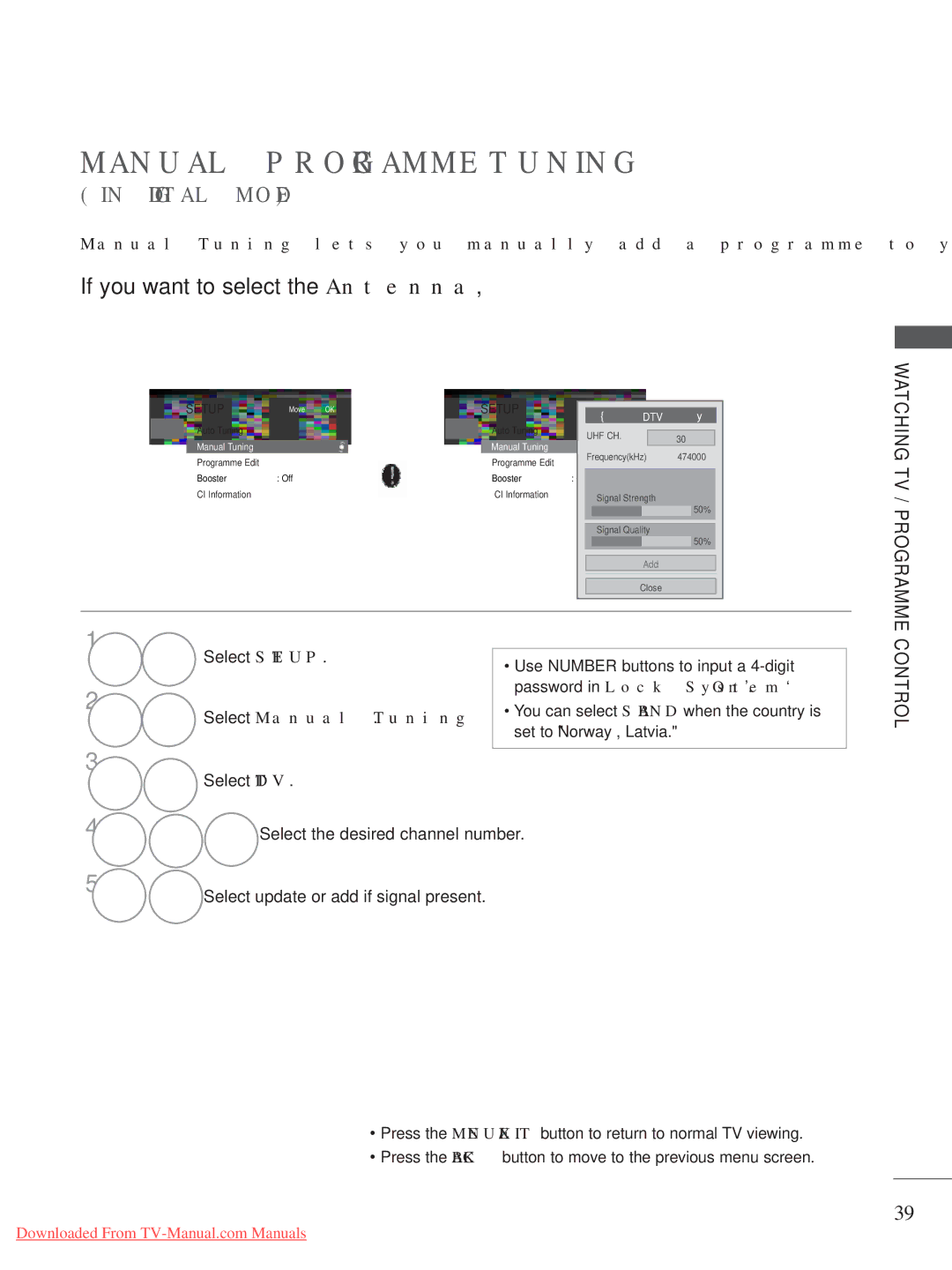 LG Electronics A-27 owner manual Manual Programme Tuning, Select Manual Tuning 