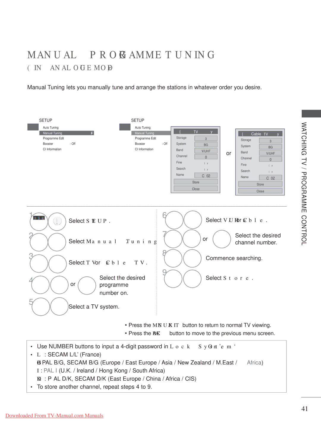 LG Electronics A-27 owner manual Select Setup Select V/UHF or Cable, Channel number, Commence searching 