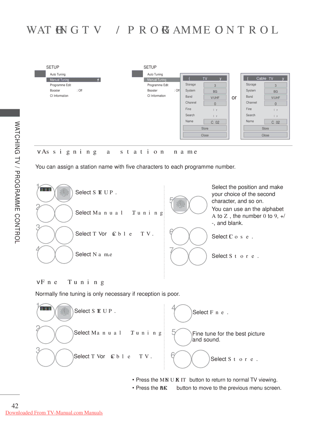 LG Electronics A-27 owner manual Assigning a station name, Fine Tuning, Select TV or Cable TV Select Name, Sound 