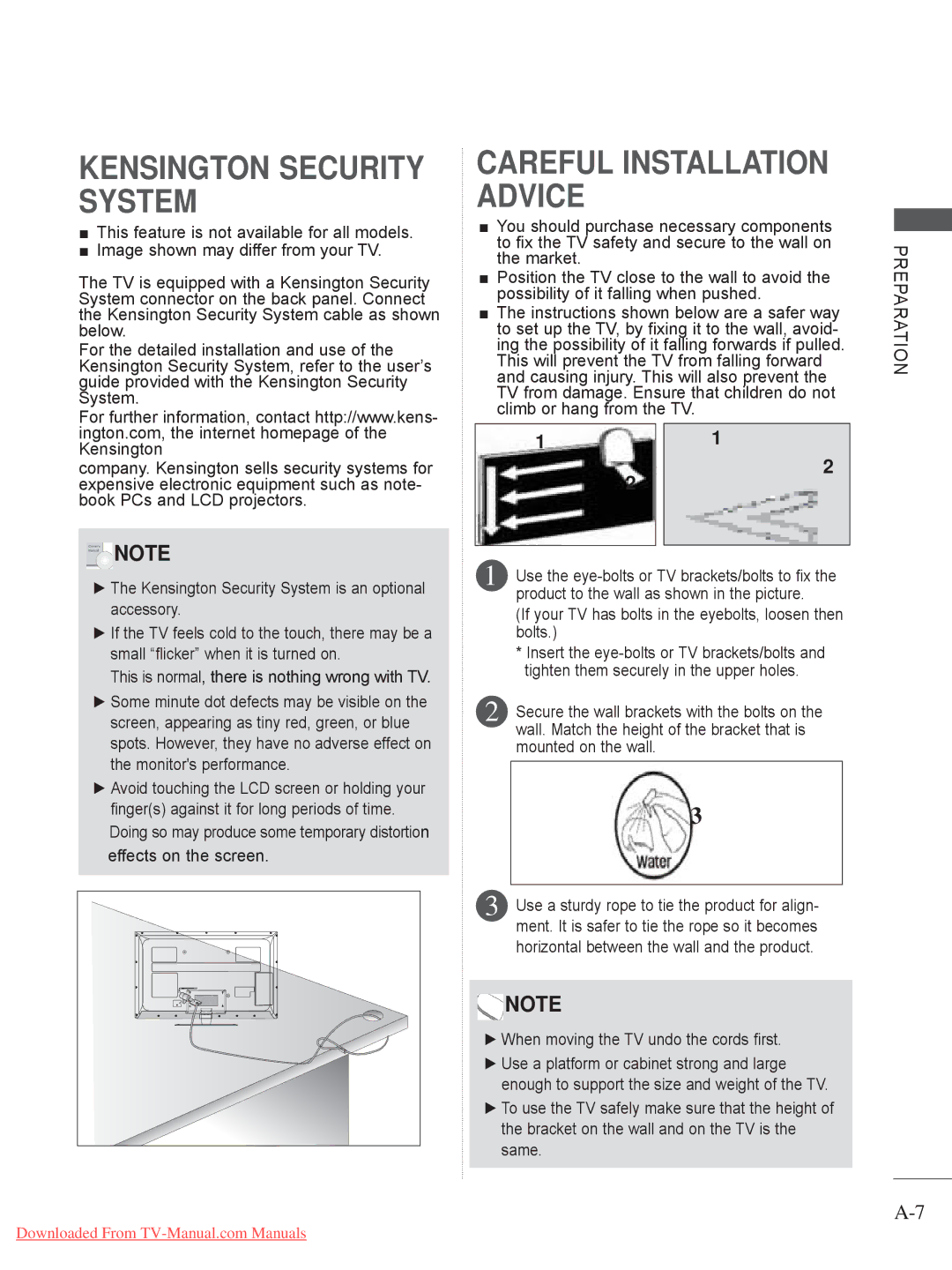 LG Electronics A-27 owner manual Kensington Security System, If your TV has bolts in the eyebolts, loosen then bolts 