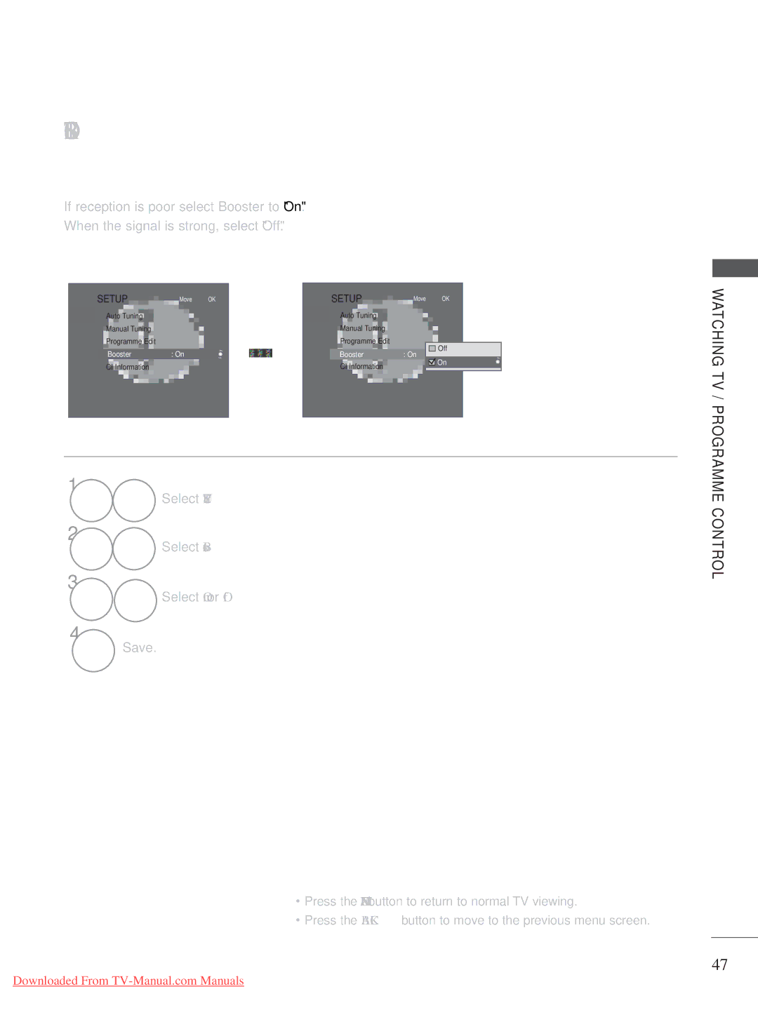 LG Electronics A-27 owner manual Select Setup Select Booster Select On or Off, Save 