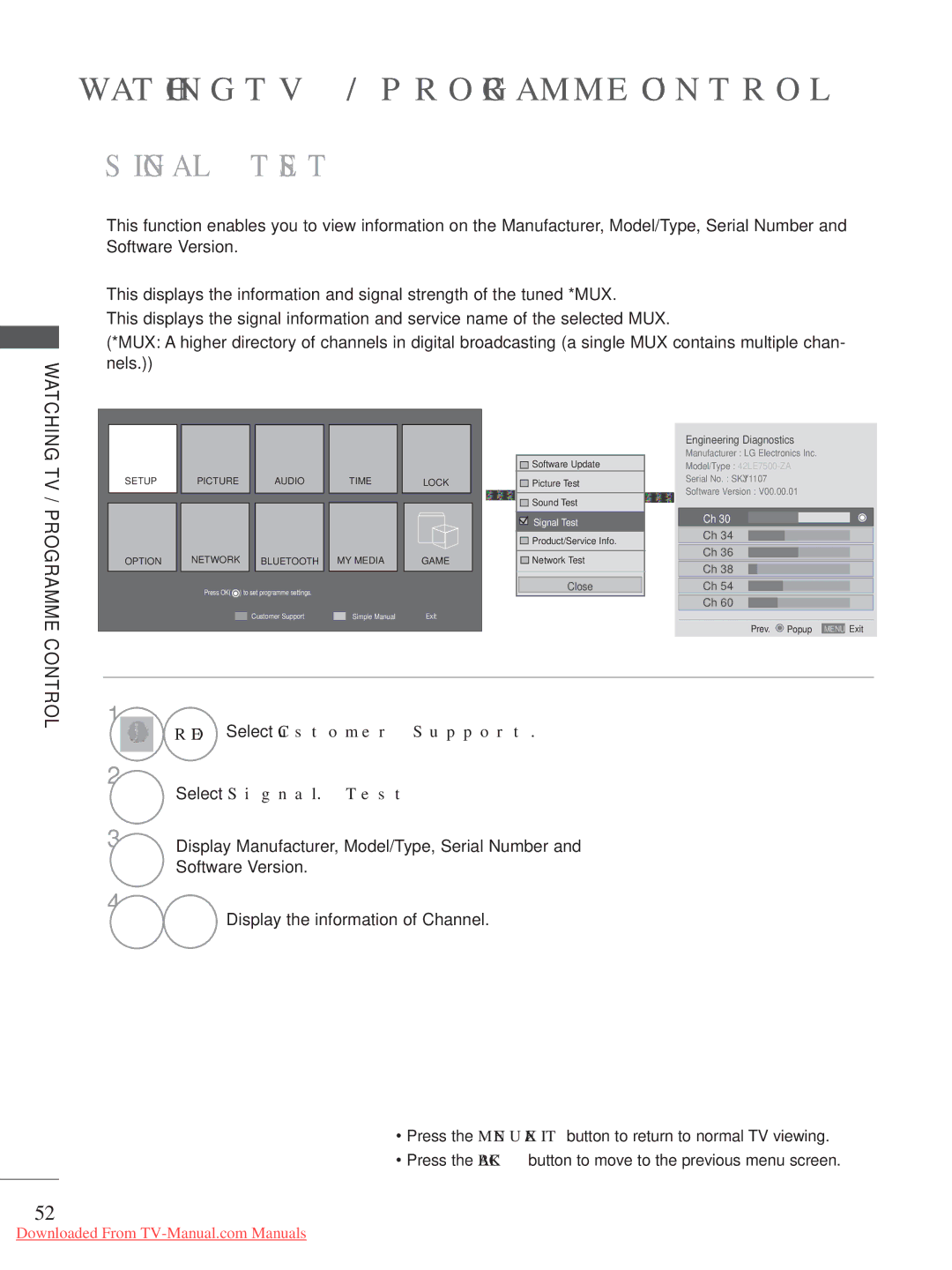 LG Electronics A-27 owner manual RED Select Customer Support Select Signal Test, Software Version 