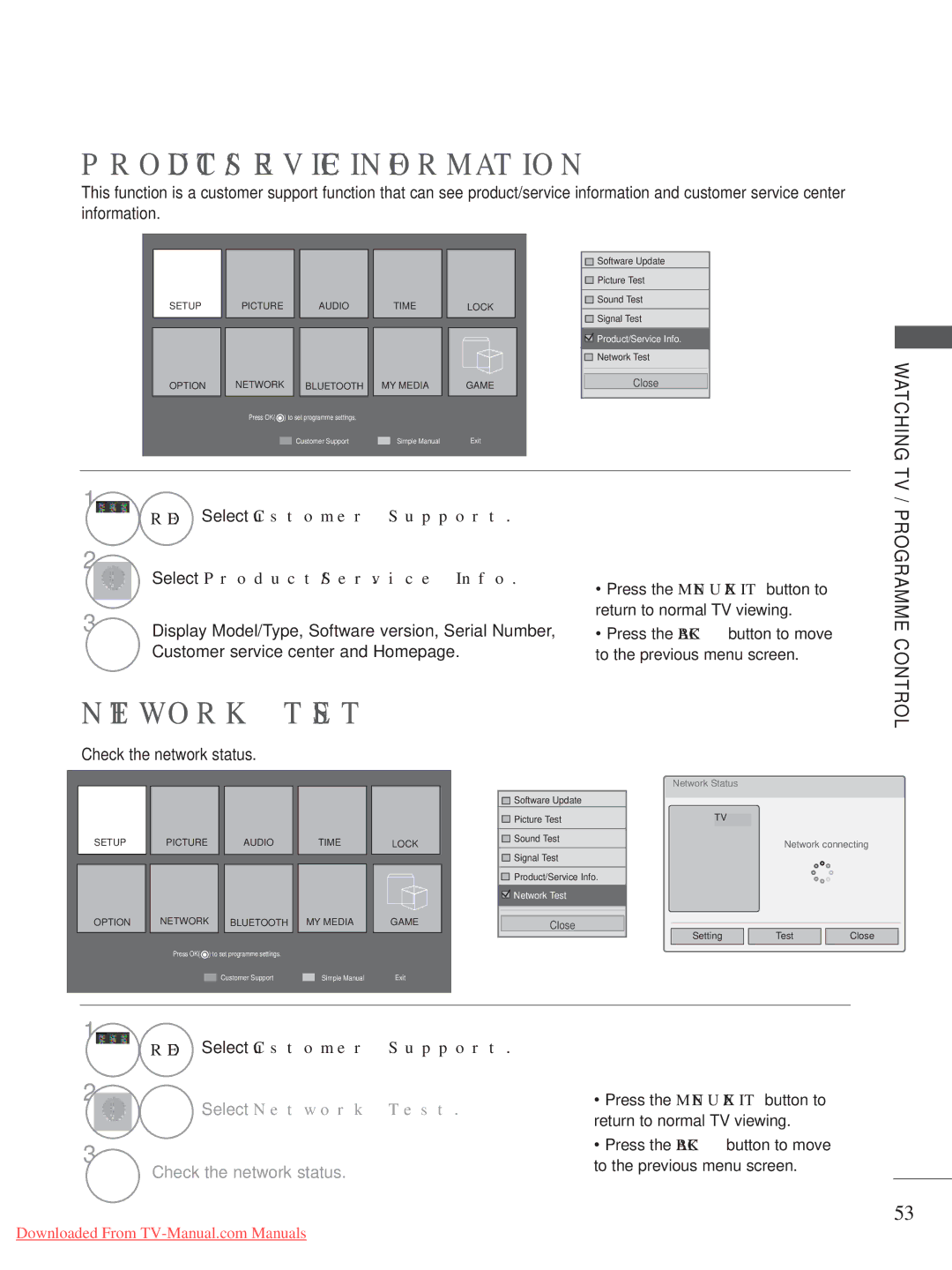 LG Electronics A-27 PRODUCT/SERVICE Information, Network Test, RED Select Customer Support Select Product/Service Info 