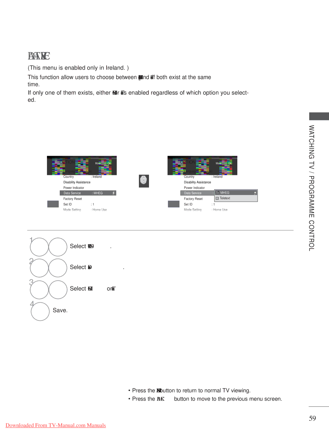 LG Electronics A-27 owner manual Select Option, Select Data Service Select Mheg or Teletext 