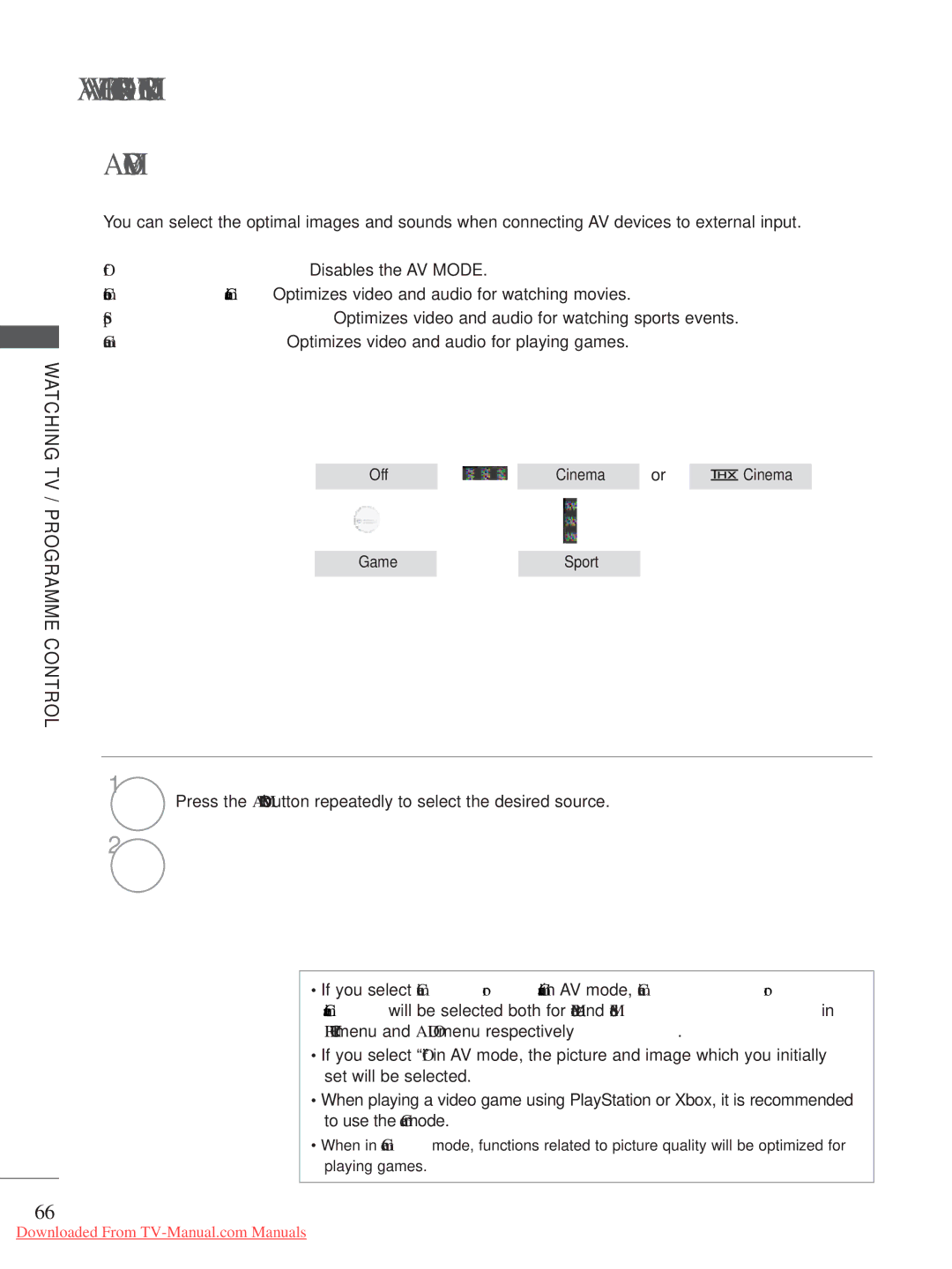 LG Electronics A-27 owner manual AV Mode, Game Optimizes video and audio for playing games 