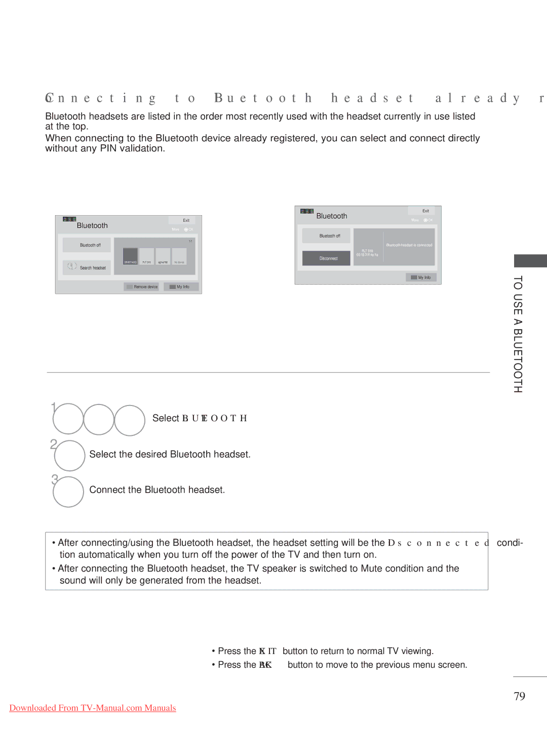 LG Electronics A-27 owner manual Connecting to Bluetooth headset already registered, Select Bluetooth 