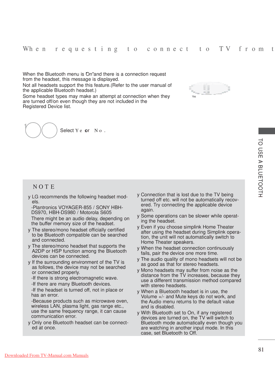 LG Electronics A-27 owner manual When requesting to connect to TV from the Bluetooth headset 