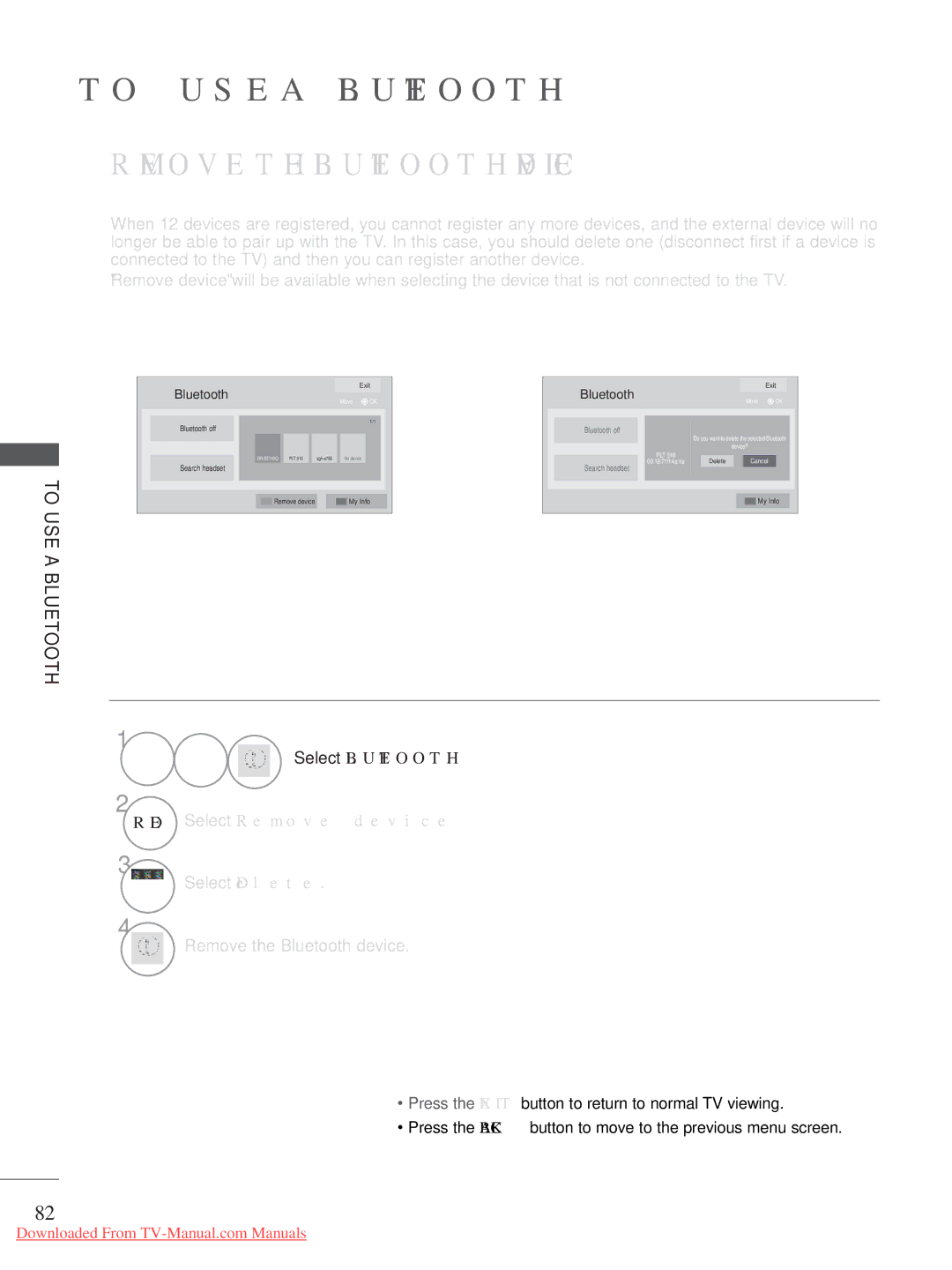 LG Electronics A-27 owner manual Remove the Bluetooth Device, Select Bluetooth RED Select Remove device 