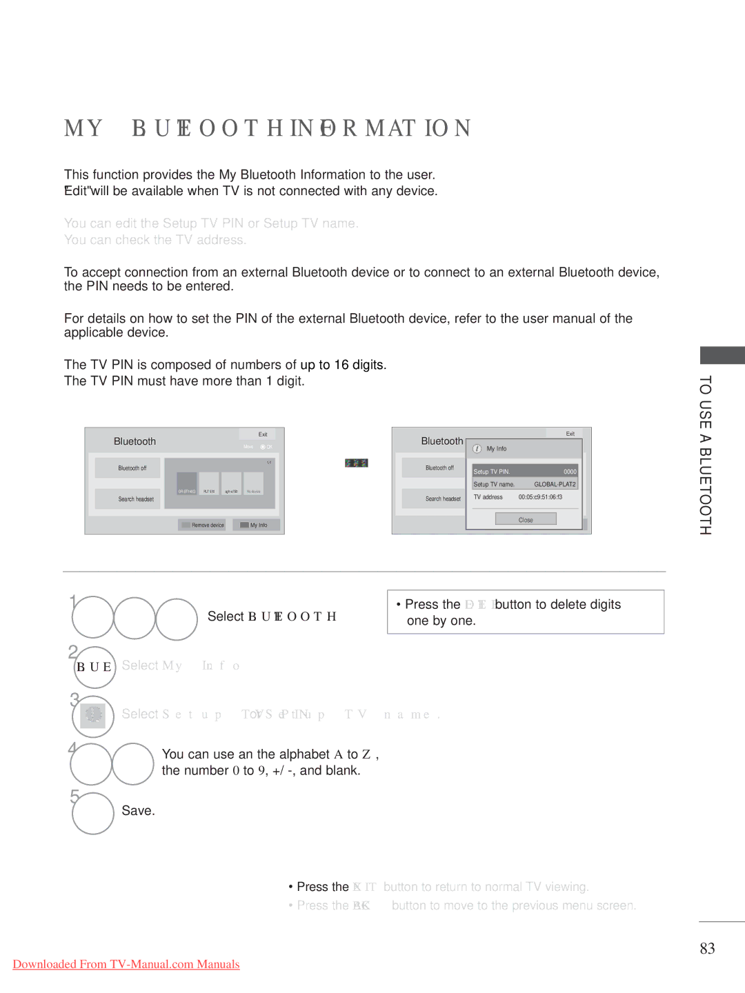 LG Electronics A-27 owner manual MY Bluetooth Information, Select My Info, Select Setup TV PIN or Setup TV name 