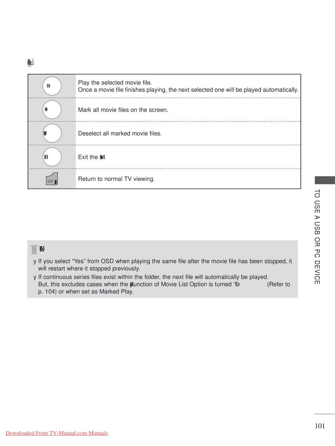 LG Electronics A-27 101, Play the selected movie file, Mark all movie files on the screen, Blue Exit the Mark Mode 