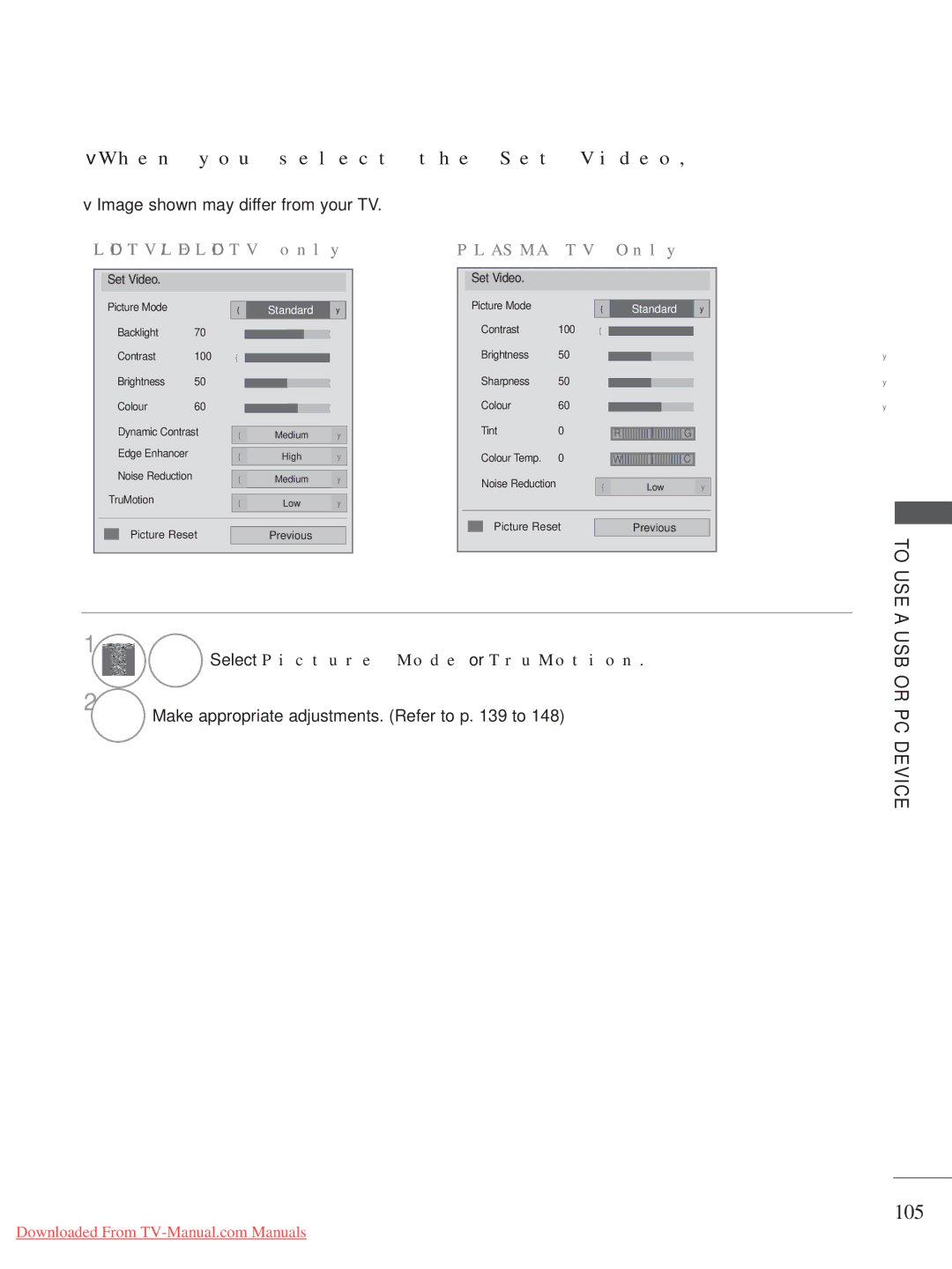 LG Electronics A-27 owner manual 105, When you select the Set Video, LCD TV/LED LCD TV only, Plasma TV Only 