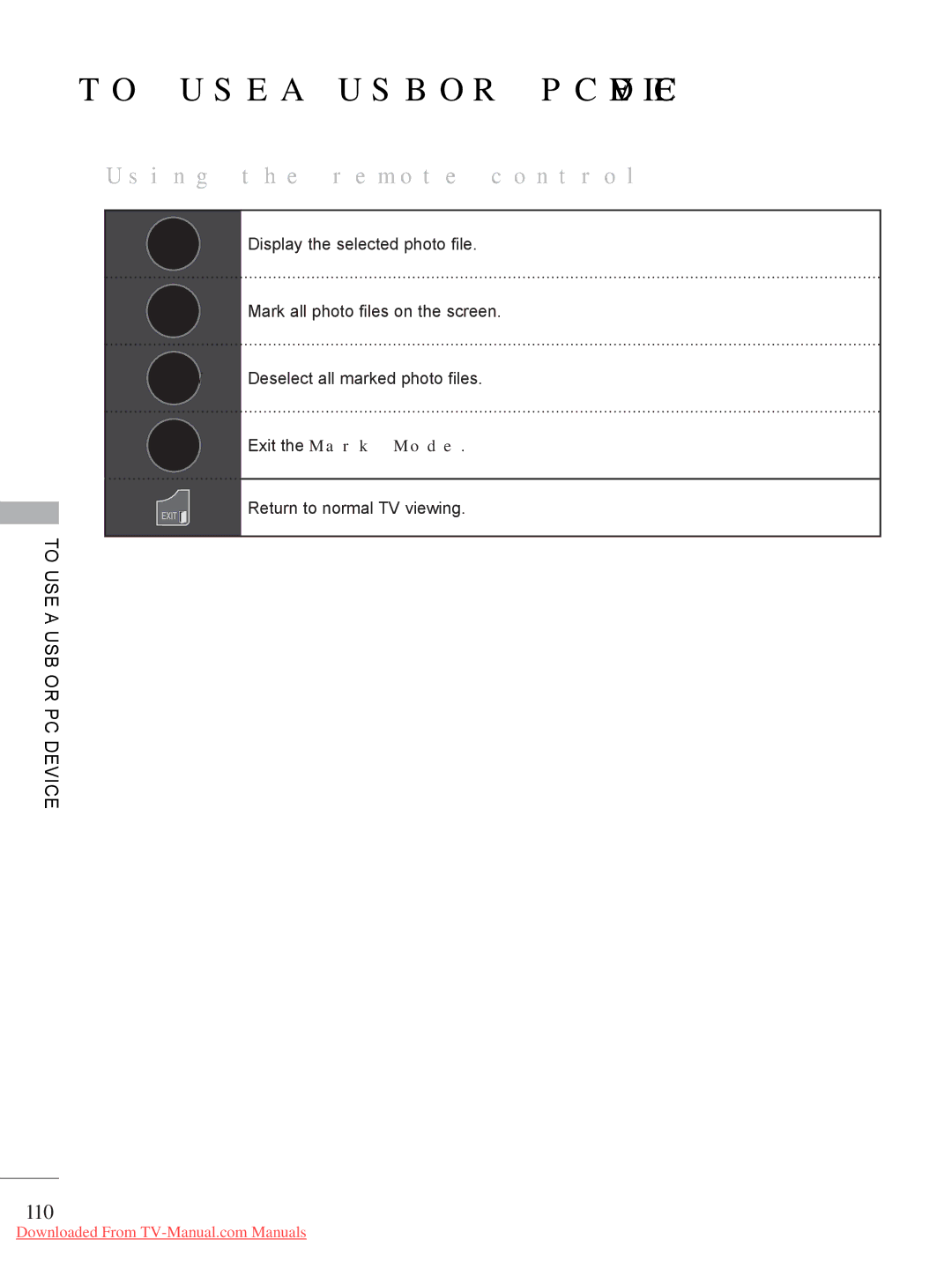 LG Electronics A-27 owner manual 110, Display the selected photo file, Yellow Deselect all marked photo files 